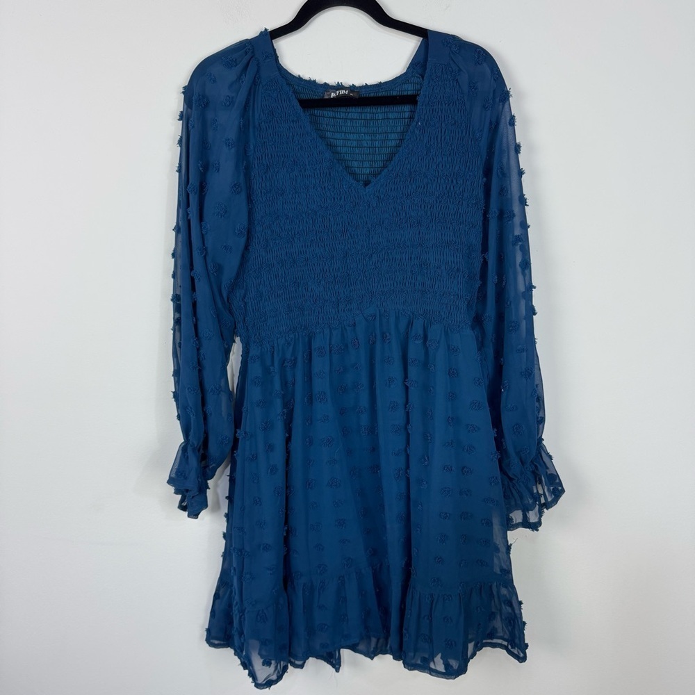 BTFBM Blue Smocked V Neck Long Sleeve Mini Dress Sundress Summer